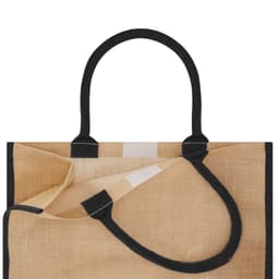 A jute tote bag with black handles and a natural beige body, featuring an open top without contents.