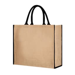A beige tote bag with black handles and stitching. The bag features a logo on one side.