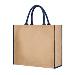 A natural tan tote bag with navy blue handles and trim, featuring a simple design and no visible branding.