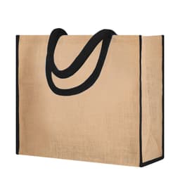 A large tote bag in natural brown with black handles and trim, featuring a simple design and a logo.