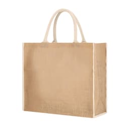 A tan tote bag with cream handles, featuring a textured fabric and a simple design. It has a logo on the front.