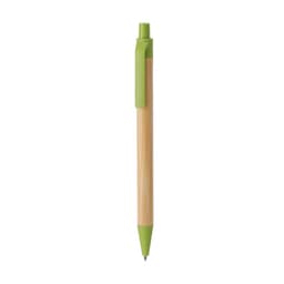 A wooden pen featuring a bamboo body and a green clip, with a metal tip for writing.