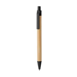 A wooden pen with a bamboo body and a black plastic clip, featuring a smooth writing tip and a simple design.