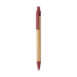 A wooden pen with a bamboo barrel and a maroon cap, featuring a logo.