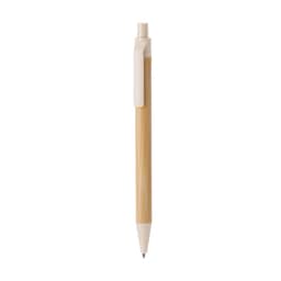A wooden pen in a light bamboo colour with a white clip and tip, featuring a logo on the body.