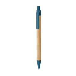 A wooden pen with a natural bamboo body and a blue plastic clip. The pen features a simple design and includes a logo.