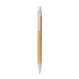 A wooden pen with a bamboo barrel and a light-coloured plastic clip, featuring a logo.