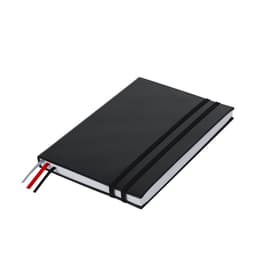 A black notebook with elastic bands and ribbon bookmarks in red and white, designed for office and business use.