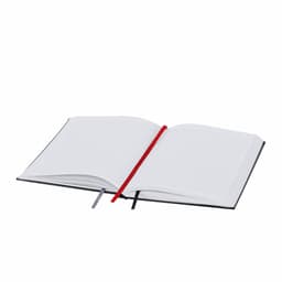 A black notebook with white lined pages, featuring a red and a grey ribbon bookmark. It has a logo on the cover.