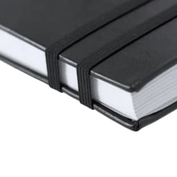 A black notebook with elastic bands, featuring a smooth cover and white pages. It has a sleek design.