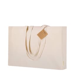 A beige tote bag with long handles and a tag attached. The bag also features a logo.