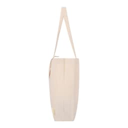 A beige tote bag with a long strap and a simple, minimalist design. It features a logo on the side.