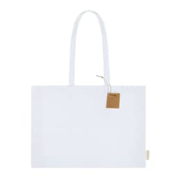 A white tote bag with long handles and a tag, featuring a simple design and no visible logos.