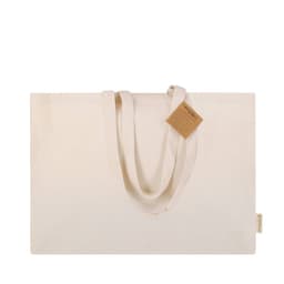 A cream tote bag with long handles and a tag, featuring a simple, minimalist design.
