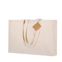 A large beige tote bag with two handles and a tag attached, featuring a logo.