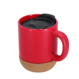 A red travel mug with a black lid and a cork base, featuring a handle and a smooth finish. It has a logo.