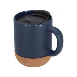 A travel mug featuring a navy blue exterior and a cork base, complete with a black lid and handle.