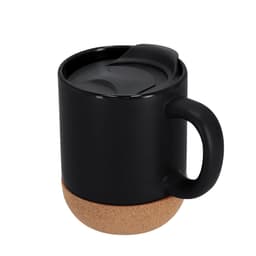 A black travel mug with a cork base and a lid. It features a handle and has a simple design.