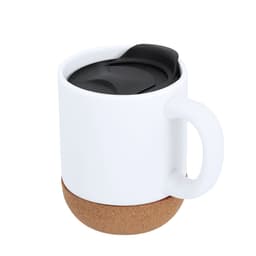 A travel mug featuring a white ceramic body with a cork base and a black lid. It includes a handle and a logo.