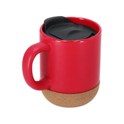 A travel mug with a red body and a cork base, featuring a black lid and a handle. It has a modern design.