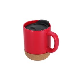 A red travel mug featuring a cork base and a black lid. It has a curved handle and a smooth finish.