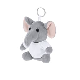A grey plush elephant keyring with pink ears, wearing a white T-shirt and attached keychain loop.