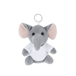 A grey plush elephant keyring with large ears, wearing a white shirt, featuring a metal keyring attachment.