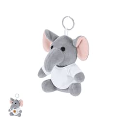 A grey plush elephant keyring with a white shirt and an attached metal ring for easy attachment.
