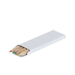 A white packaging containing five coloured pencils in red, blue, green, yellow, and brown.