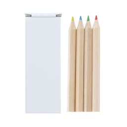 A box containing four coloured pencils in yellow, green, red, and blue, with a plain white packaging.