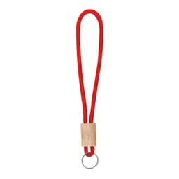 A red keyring with a wooden attachment and a metal key ring. It features a looped design for carrying convenience.