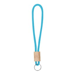 A blue keyring with a wooden attachment and a metal ring for holding keys.