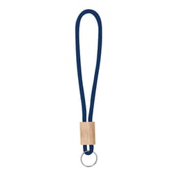 A walnut keyring with a wooden accent and a dark blue lanyard. It features a silver keyring attachment.