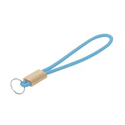 A keyring with a blue fabric strap and a wooden attachment, featuring a metal keyring loop.