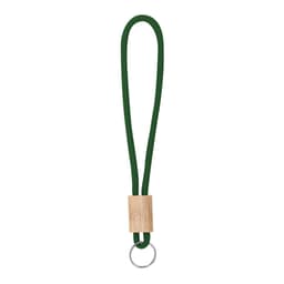 A green keyring with a wooden block and a metal keyring attachment.