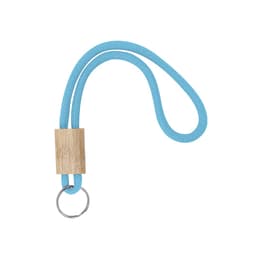 A blue rope keyring featuring a wooden attachment and a metal keyring. Ideal for holding keys or small items.