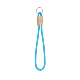 A turquoise keyring with a wooden block and metal ring, designed for holding keys.