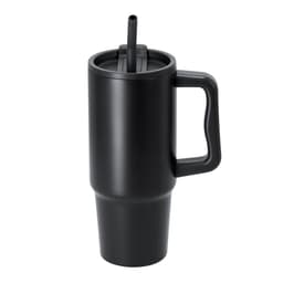 A black insulated travel mug with a straw and a sturdy handle, featuring a sleek design and a logo.