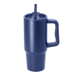 A drink bottle in navy blue with a handle and straw, featuring a lid and insulated design.