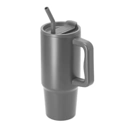 A grey insulated travel mug with a handle and a straw, featuring a lid and a logo.