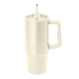 A drink mug in cream colour with a handle and a straw. It features a logo on one side.