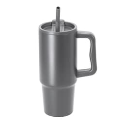 A drink bottle in matte grey with a handle and straw, designed for travel and insulated for temperature retention.