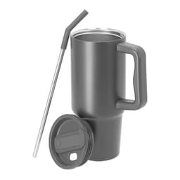 A grey insulated travel mug with a handle, a straw, and a lid. It features a sleek, modern design.