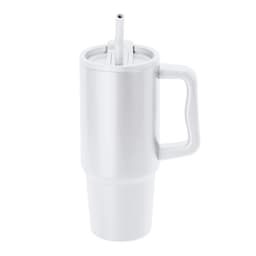 A white insulated travel mug with a handle and straw, featuring a logo on the body.