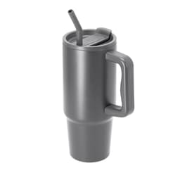 A grey insulated travel mug with a handle and a straw, designed for beverages. Features a lid and a sleek design.