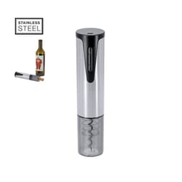 A stainless steel electric corkscrew with a transparent bottom, positioned alongside a wine bottle and cork.