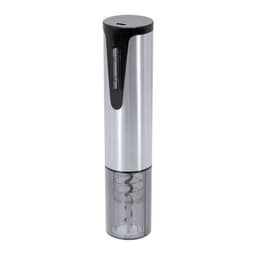A silver and black electric corkscrew with a transparent base, featuring a simple, sleek design.