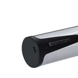 A stainless steel electric corkscrew with a black base and buttons for operation. It features a charging port.