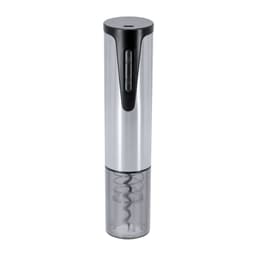 A silver and black electric corkscrew with a transparent base and a spiral tip, featuring a logo on the body.