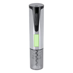A sleek silver electric corkscrew with a transparent base and a button for operation, featuring a logo.